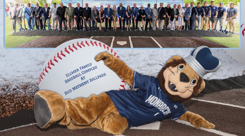 A photo of Big Blue against a background with a photo of the groundbreaking of the Ellmer Family Baseball Complex.
